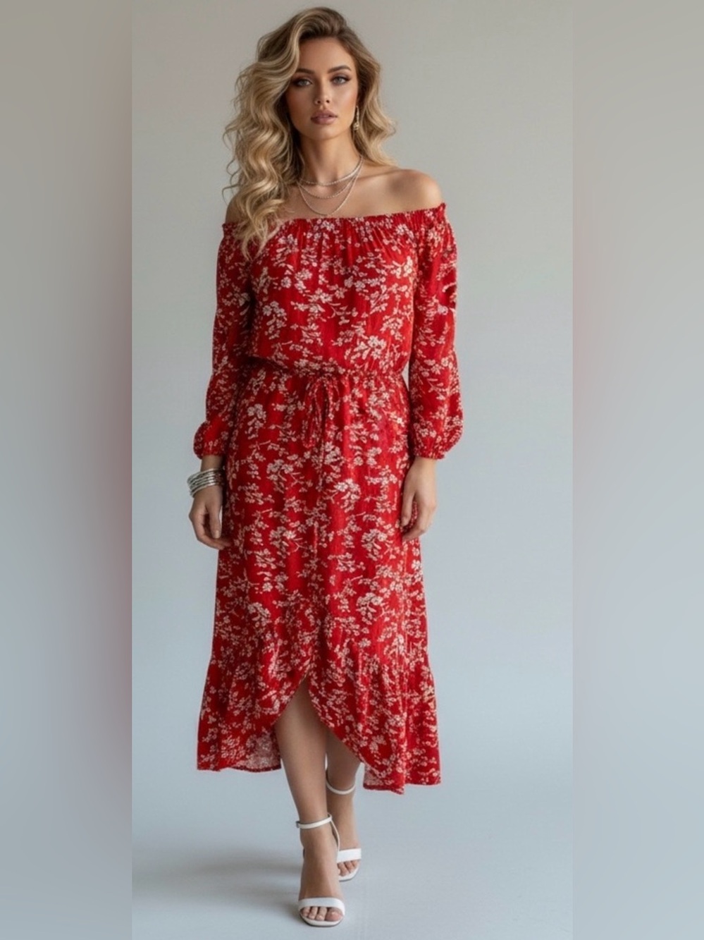 Women’s Red One-Shoulder Floral Midi Dress
